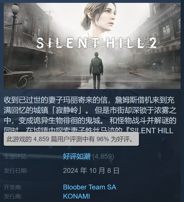 《寂静岭2：重制版》Steam好评如潮好评率高达96%1
