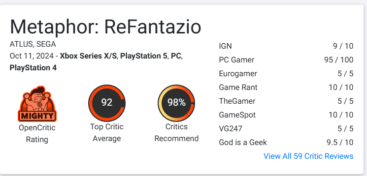 《暗喻幻想：ReFantazio》OC站92分媒体推荐度98%1