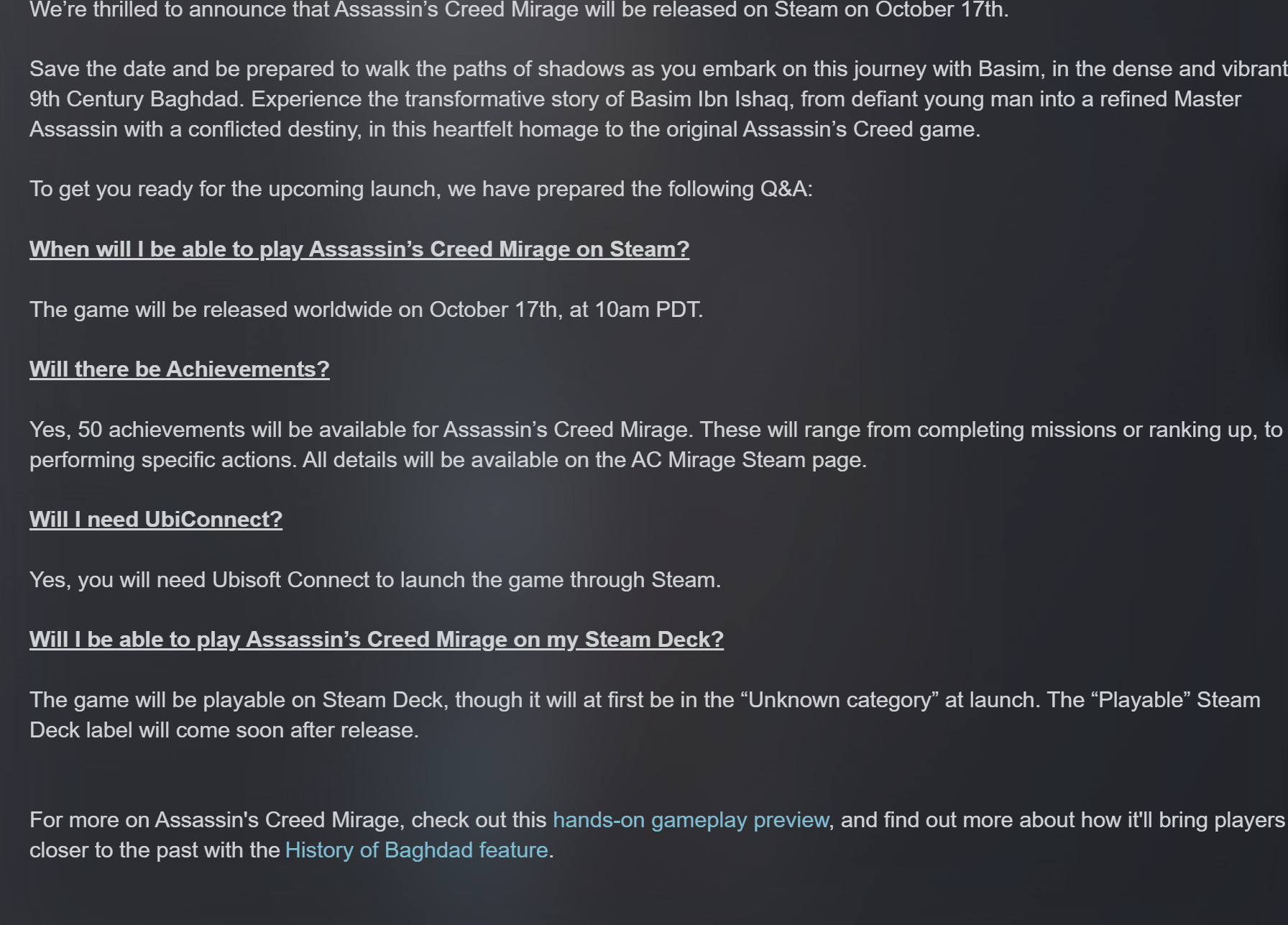 官方FAQ发布《刺客信条：幻景》即将登陆Steam1