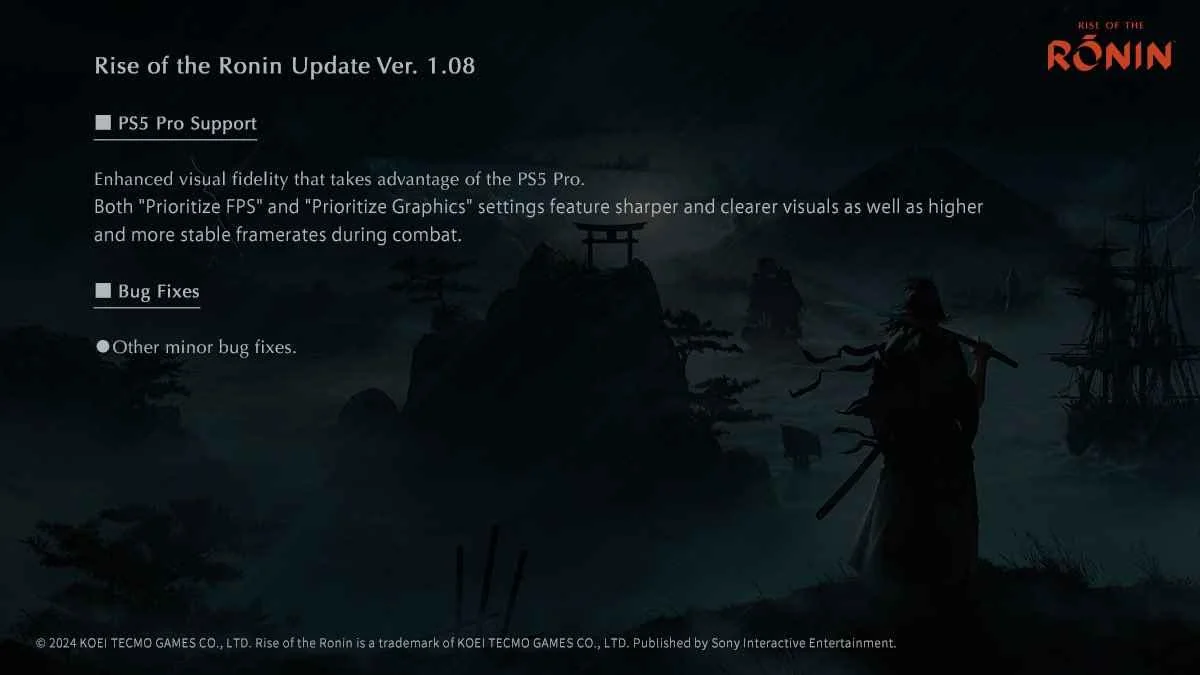 《浪人崛起》1.08版更新上线追加PS5Pro支持2